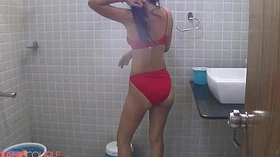 Indian Wife Reenu Shower Erotic Red Lingerie Getting Nude