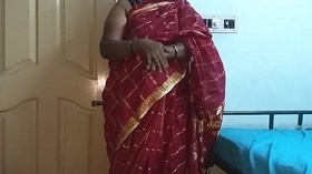 desi  indian tamil telugu kannada malayalam hindi horny cheating wife vanitha wearing cherry red colour saree showing big boobs and shaved pussy press hard boobs press nip rubbing pussy masturbation